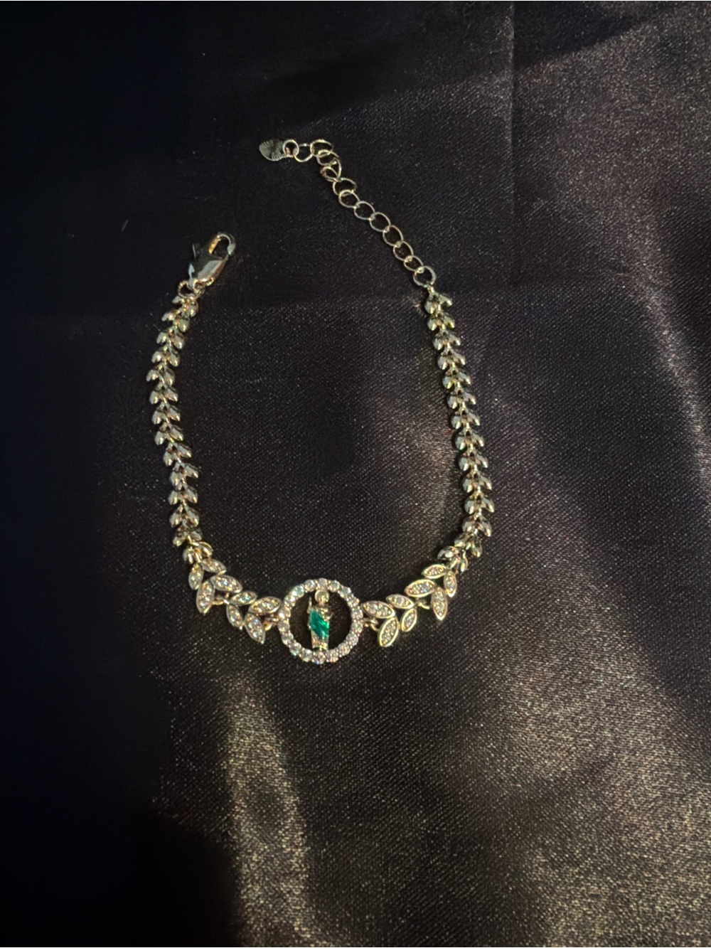 Gold-Tone Emerald Accent Leaf Bracelet with Clear Crystal Halo